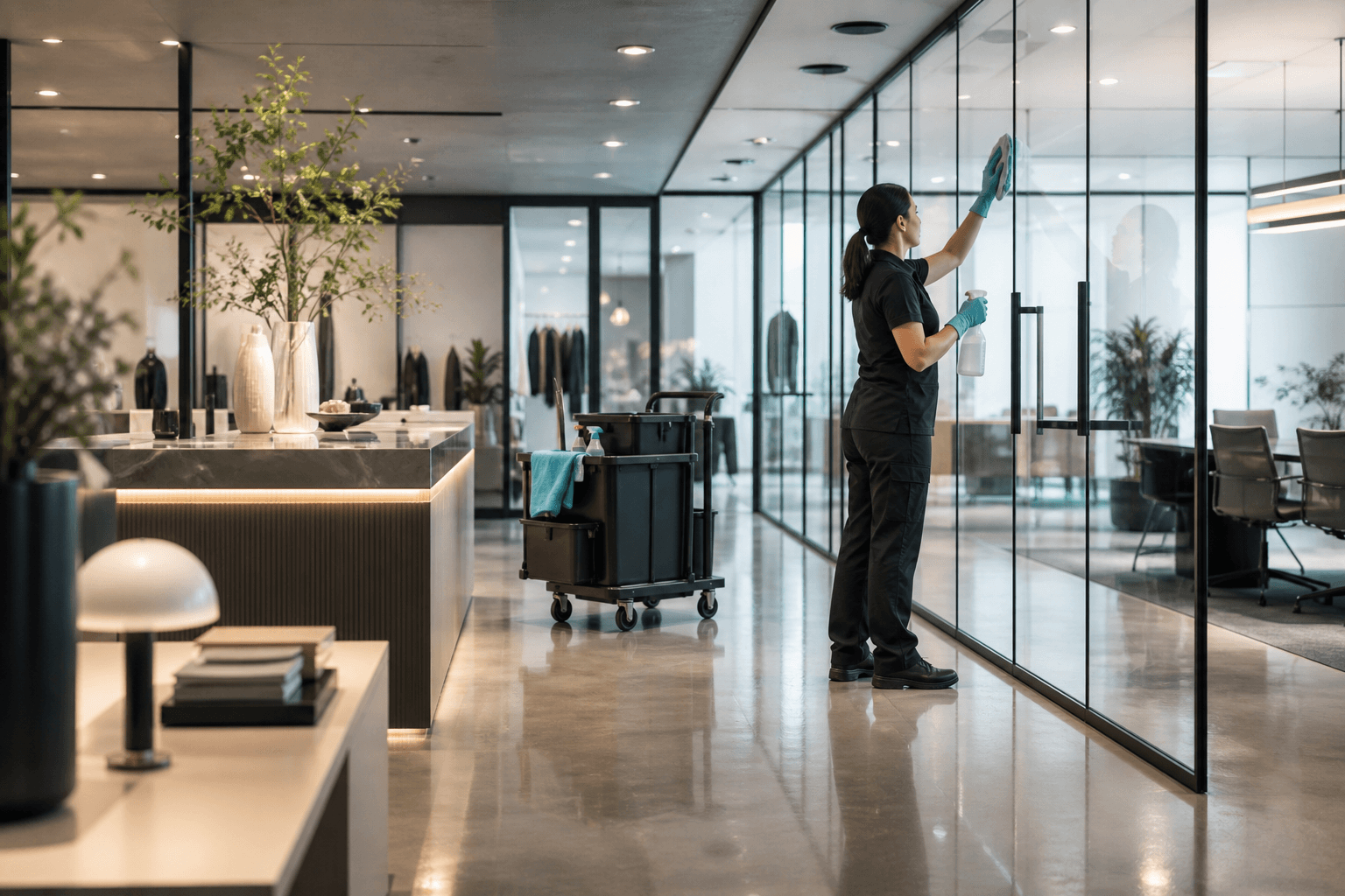 A professional cleaner polishing glass in a boutique office
