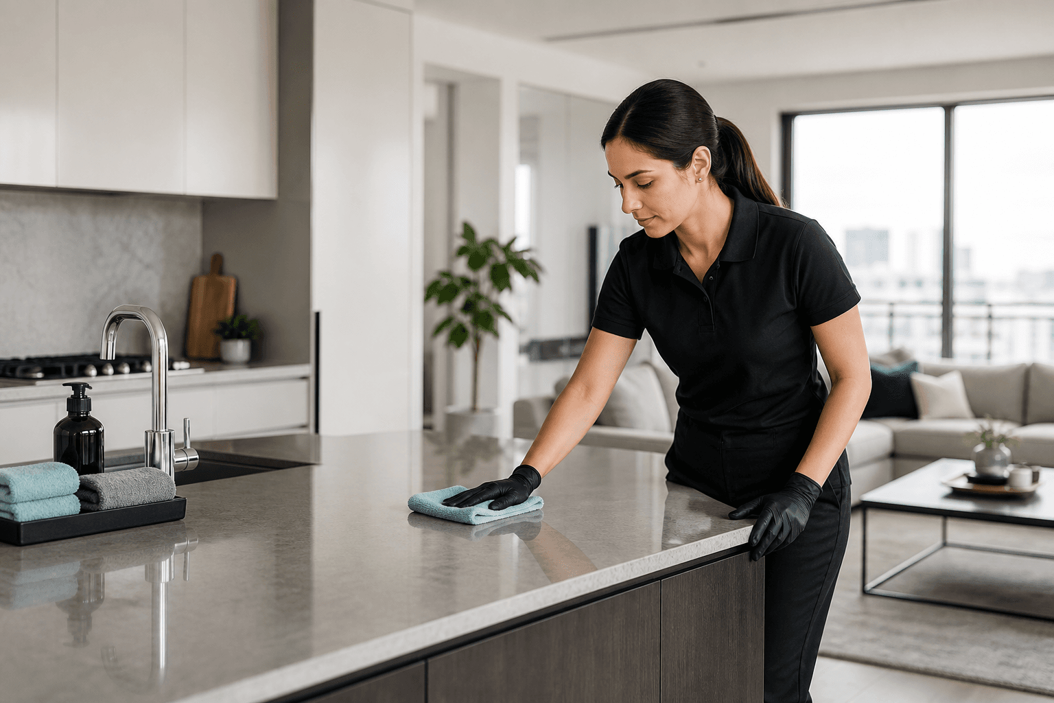 A professional cleaner wiping a premium kitchen surface